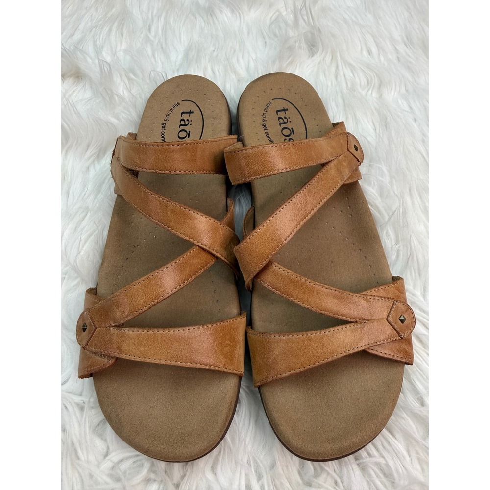 Taos Double U Tan Brown Leather Multi Strap Comfort Slide Sandals Women's 9